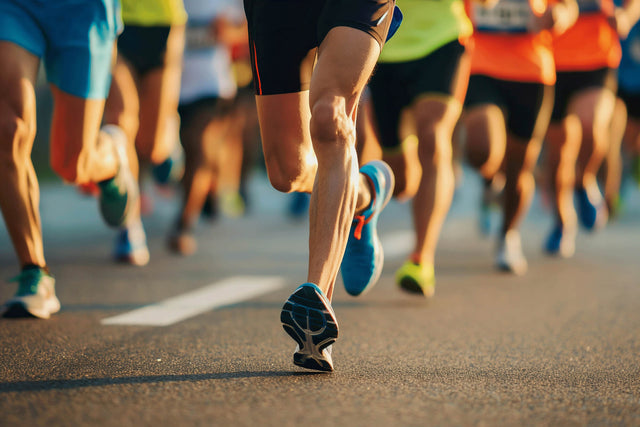 Plan rapproché sur les jambes d’un coureur en pleine foulée sur une route goudronnée, mettant en évidence les muscles du mollet et des chaussures de sport bleues.